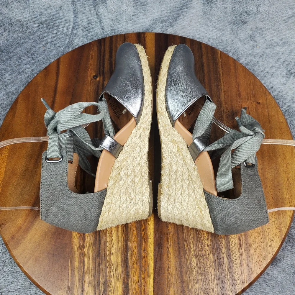 Vionic Kaitlyn Sandals Women's 5 Pewter Metallic Leather Espadrille Wedge Ribbon